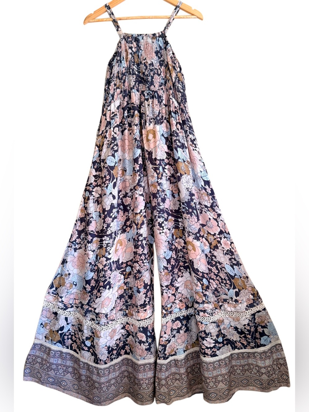 CHLOE LAETITIA Paris Boho Lagenlook Flowy Shabby Chic Wide-Leg Floral Jumpsuit L
